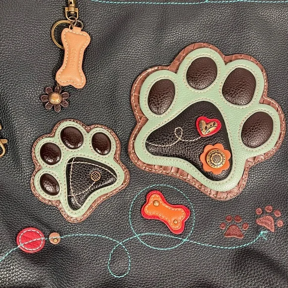CHALA Paw Prints Tote Handbag Purse Dog Bone Bag Blue and Brown - Picture 4 of 11